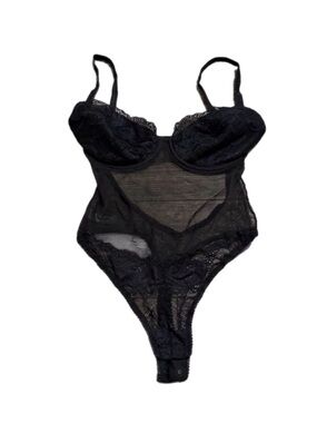 90s European Vintage Presence Lace Mesh Thong Lingerie Bodysuit Black Size Small